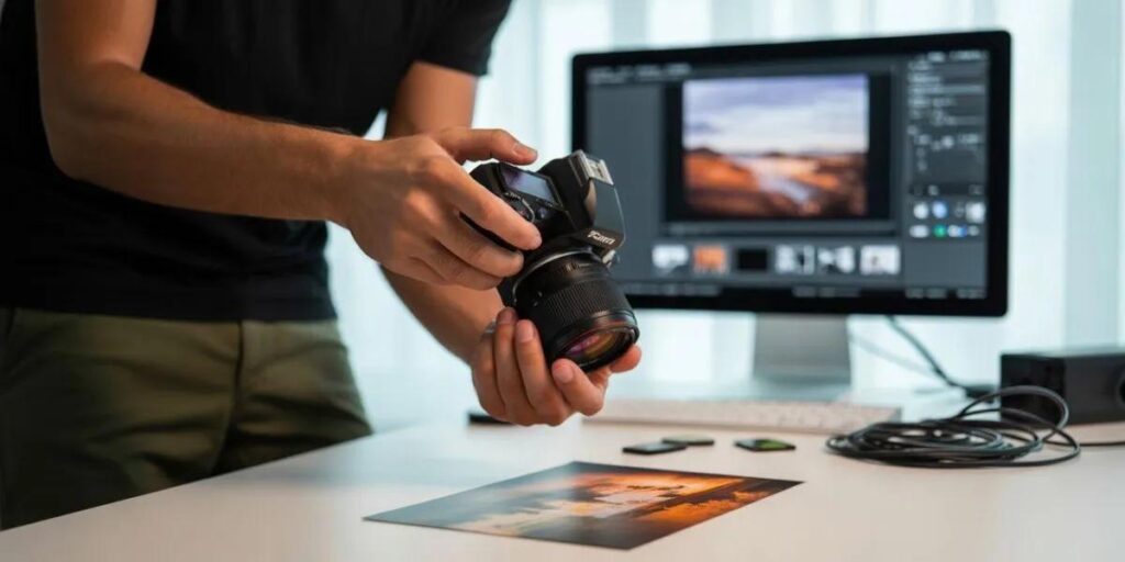 Fotografer mengecek hasil foto setelah pemotretan