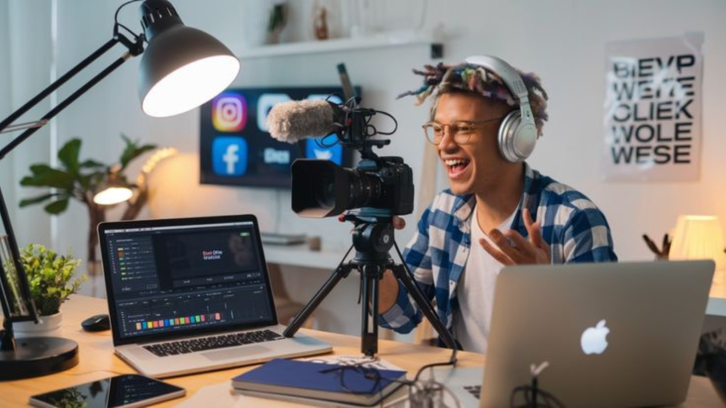 Content creator menggunakan kamera untuk membuat konten digital