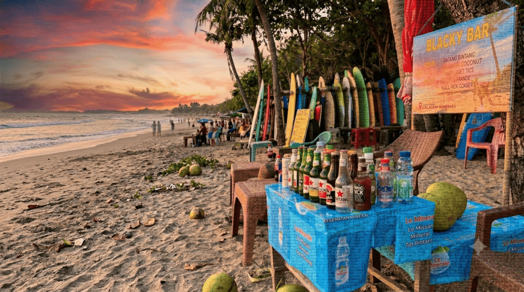 Suasana sunset di Blacky Bar Bali dengan pemandangan pantai Kuta dan langit senja yang indah.