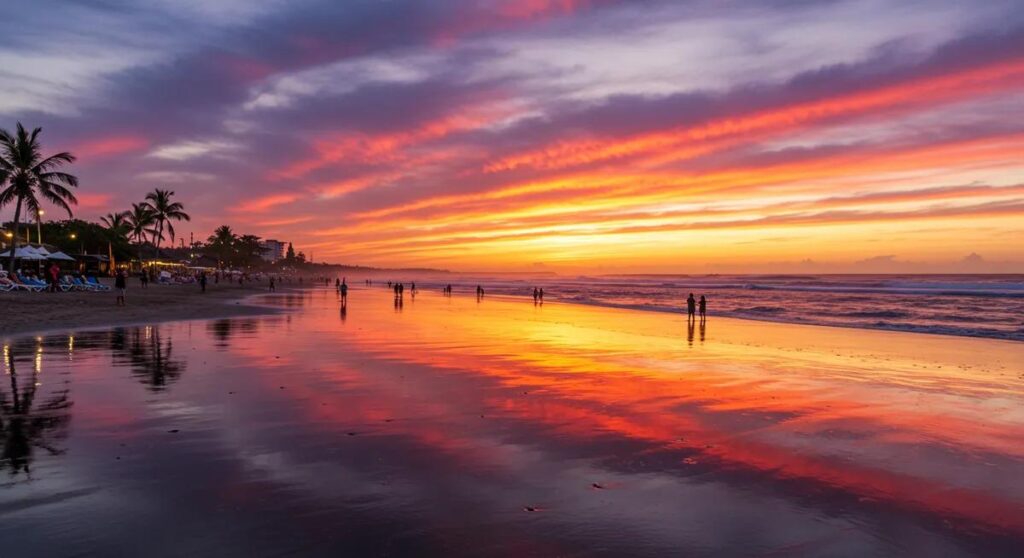 Foto siluet di pantai Bali saat sunset dengan cahaya keemasan yang menjadi waktu terbaik untuk foto di Bali.
